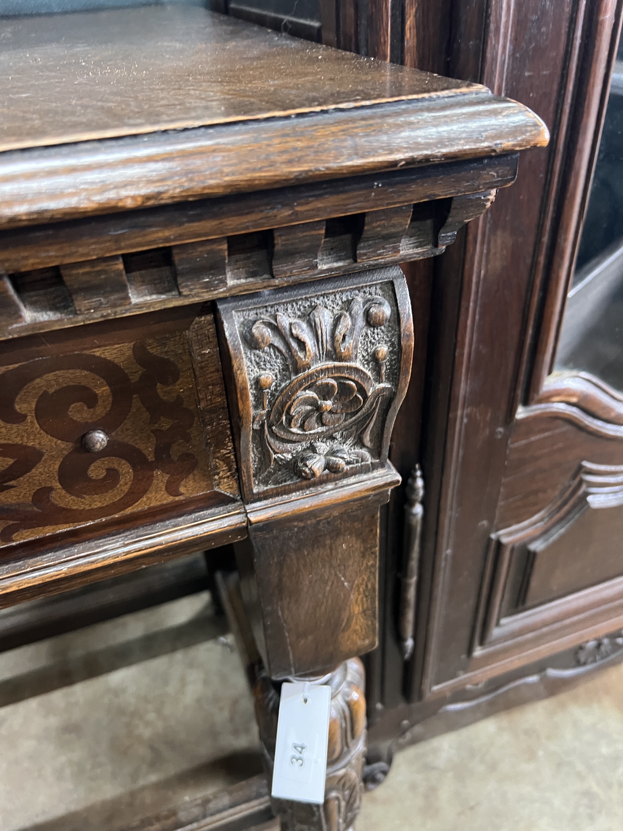 An 18th century style oak two drawer serving table, width 122cm, depth 61cm, height 92cm